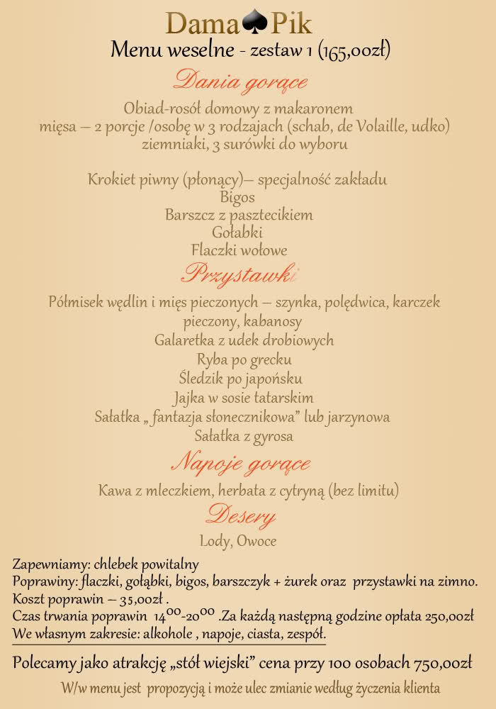 Dama Pik Pokoje I Restauracja Wesela Menu